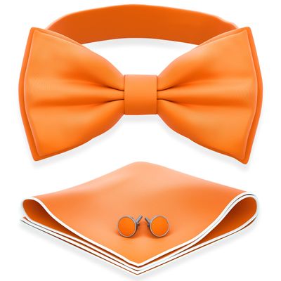 Adam Young Men's Burn Pumpkin Bow Tie with Handkerchief & Cufflinks Pre-Tied Style Formal Satin Classic Bowtie for Tuxedo Faux Silk (Large, Orange)