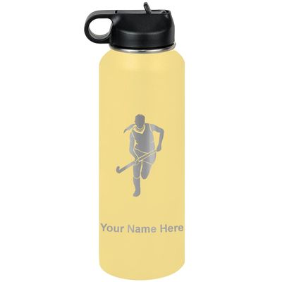LaserGram Personalized Water Bottle, Field Hockey Woman, Stainless Steel Double Wall Vacuum Insulated with Flip Top Straw, Custom Engraved Gift (40oz / 1180ml Yellow)