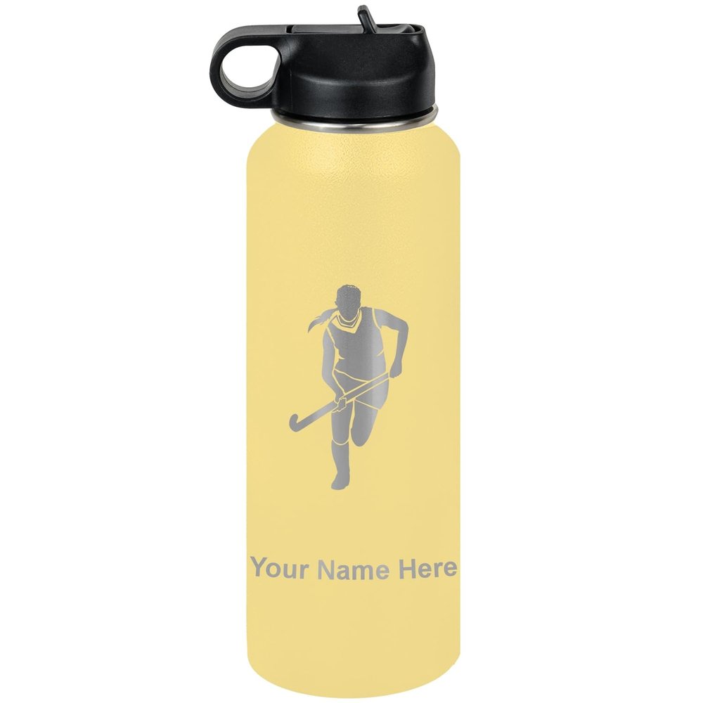 LaserGram Personalized Water Bottle, Field Hockey Woman, Stainless Steel Double Wall Vacuum Insulated with Flip Top Straw, Custom Engraved Gift (40oz / 1180ml Yellow)