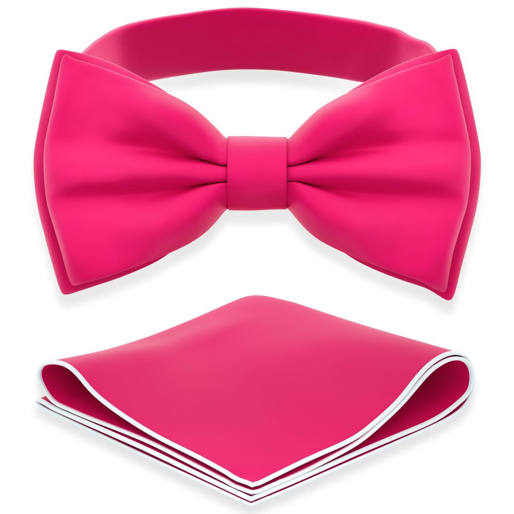 Adam Young Men's Rose Magenta Bow Tie with Handkerchief Set Pre-Tied Style Formal Satin Classic Bowtie for Tuxedo Faux Silk (Large, Hot Pink)