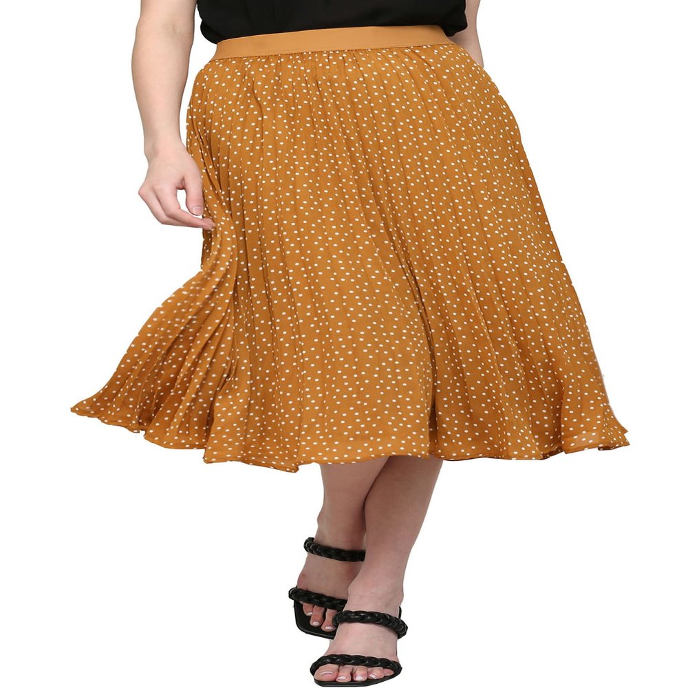 MBJ WB2371 Women's High Elastic Waist Pleated Mid A-Line Swing Skirt XL Mustard_Polka
