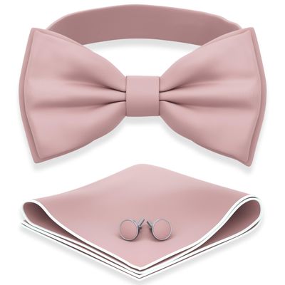 Adam Young Men's Rose Pastel Bow Tie with Handkerchief & Cufflinks Pre-Tied Style Formal Satin Classic Bowtie for Tuxedo Faux Silk (Large, Blush Pink)