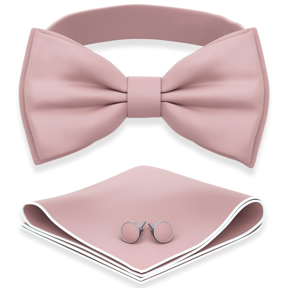 Adam Young Men's Rose Pastel Bow Tie with Handkerchief & Cufflinks Pre-Tied Style Formal Satin Classic Bowtie for Tuxedo Faux Silk (Large, Blush Pink)