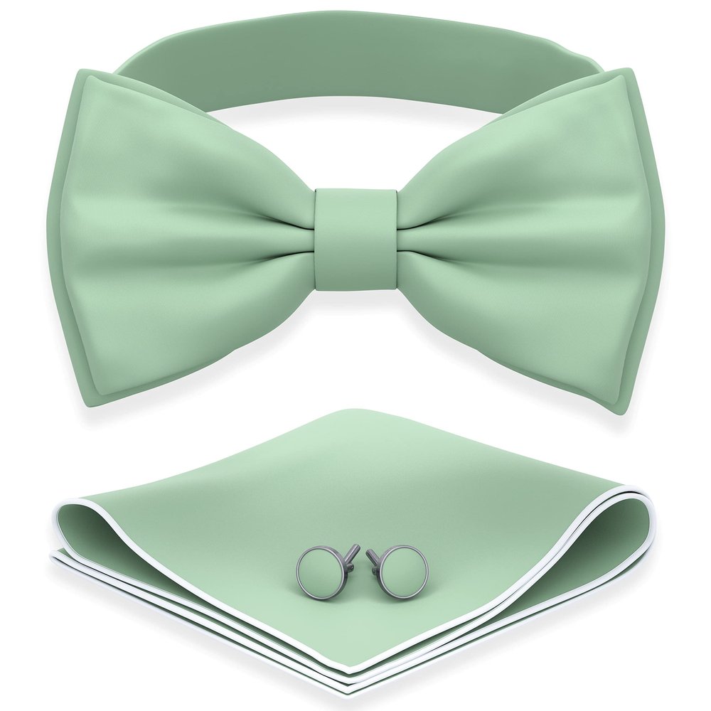 Adam Young Boy's Green Fern Bow Tie with Handkerchief & Cufflinks Pre-Tied Style Formal Satin Classic Bowtie for Tuxedo Faux Silk (Medium, Deep Sage)