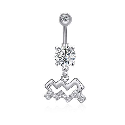 14G Dangle Belly Zodiac Signs Button Ring Silver Plated Clear CZ Zircon Stainless Steel Cute Belly Piercing Jewelry Aquarius