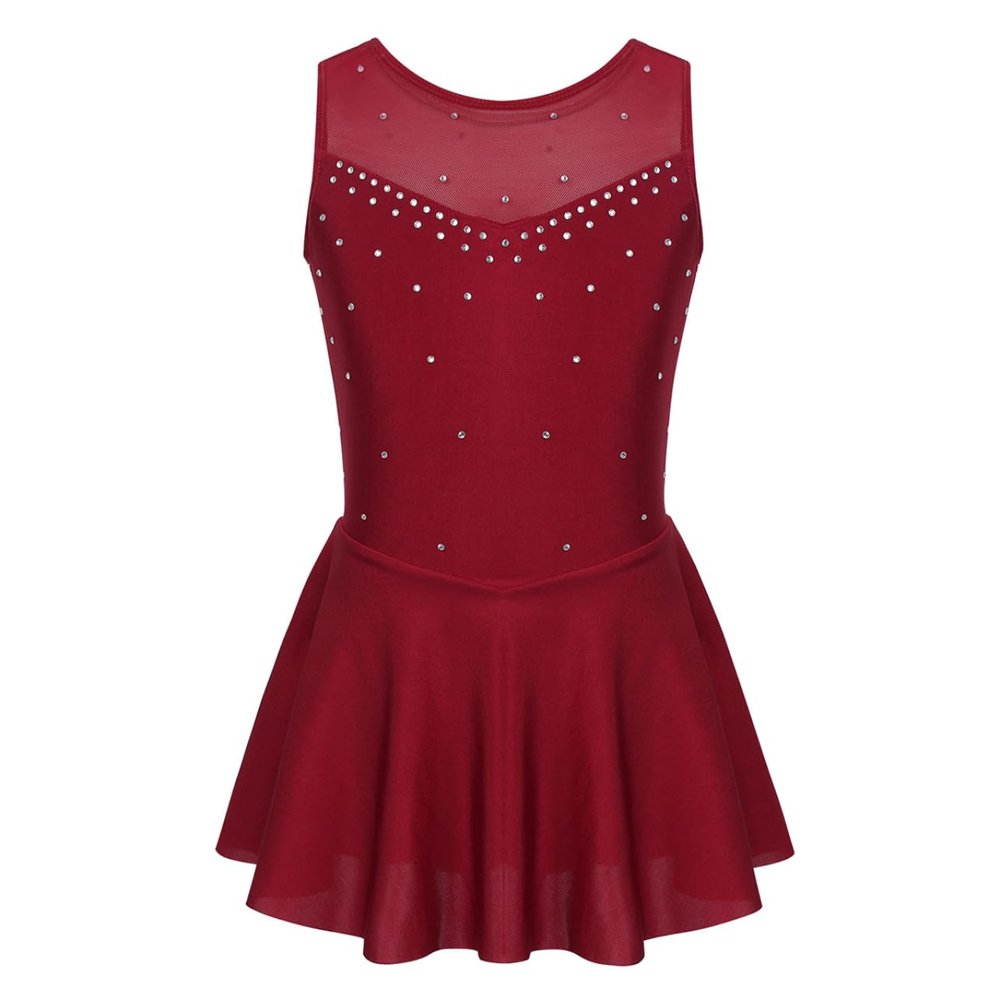 Jhaoyu Girls Shiny Rhinestone Figure Ice Skating Dress Ballet Tutu Skirted Leotard Competition Dancing Outfits Burgundy 12 Years