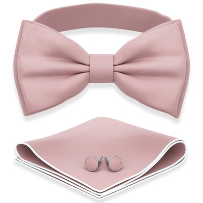 Adam Young Men's Rose Pastel Bow Tie with Handkerchief & Cufflinks Pre-Tied Style Formal Satin Classic Bowtie for Tuxedo Faux Silk (Large, Blush Pink)