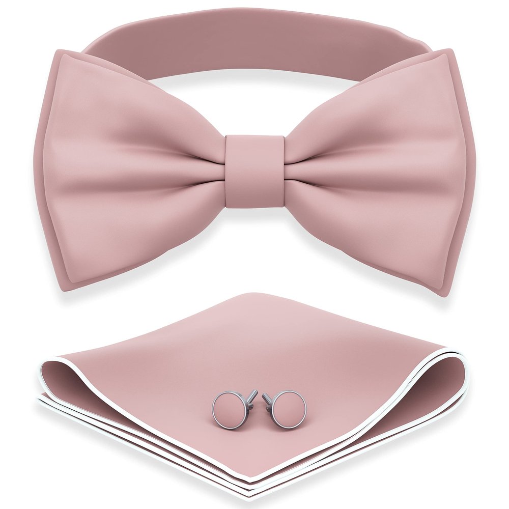 Adam Young Men's Rose Pastel Bow Tie with Handkerchief & Cufflinks Pre-Tied Style Formal Satin Classic Bowtie for Tuxedo Faux Silk (Large, Blush Pink)