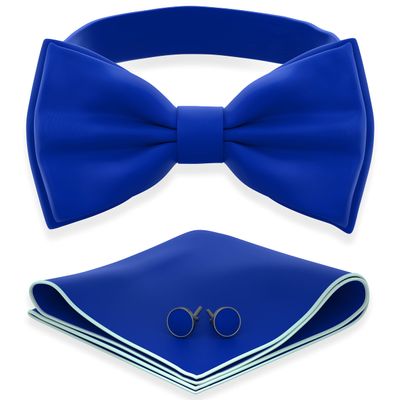 Adam Young Men's Electric Blue Blue Bow Tie with Handkerchief & Cufflinks Pre-Tied Style Formal Satin Classic Bowtie for Tuxedo Faux Silk (Large, Royal Blue)