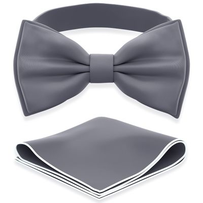 Adam Young Boy's Gray Bow Tie with Handkerchief Set Pre-Tied Style Formal Satin Classic Bowtie for Tuxedo Faux Silk (Medium, Slate Grey)