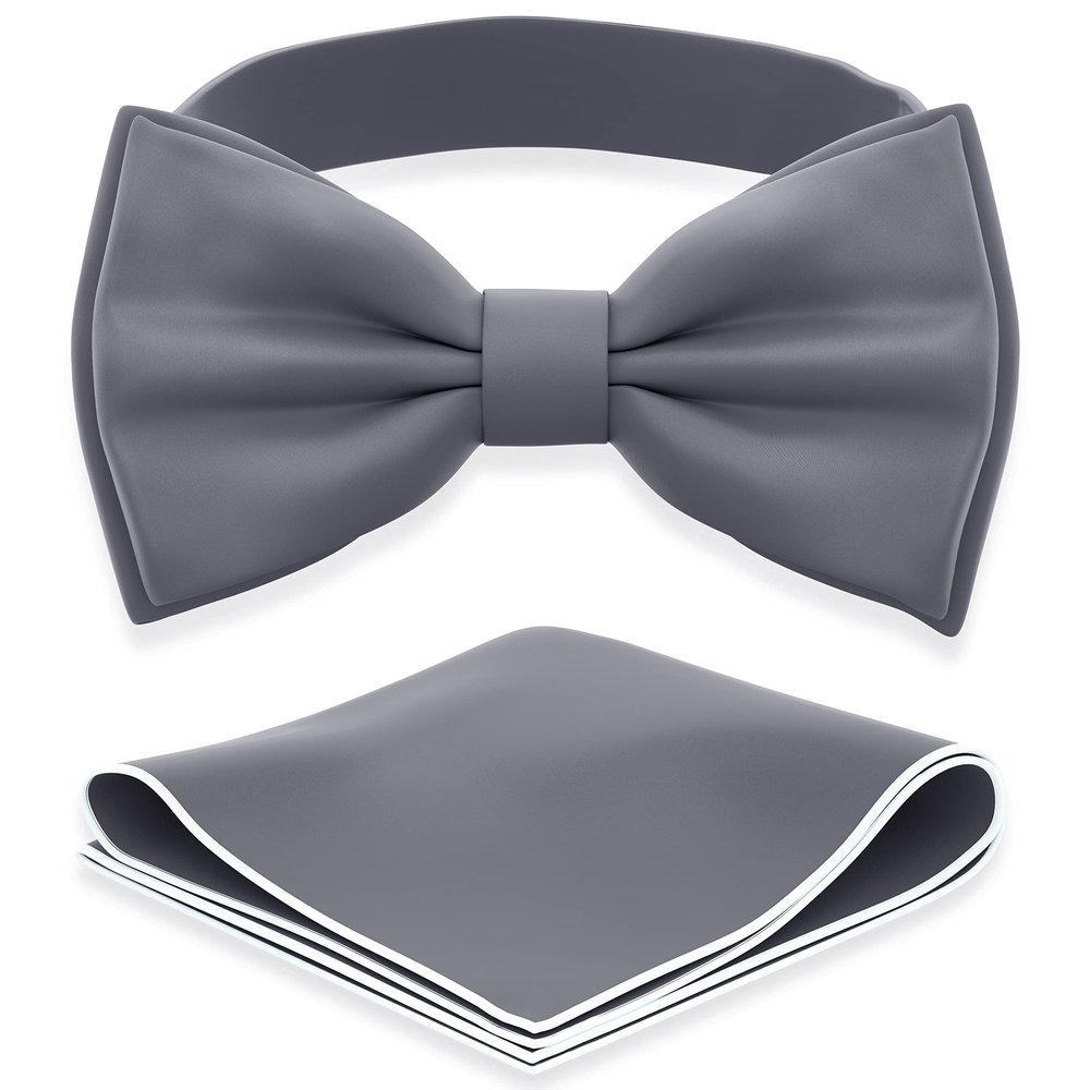 Adam Young Boy's Gray Bow Tie with Handkerchief Set Pre-Tied Style Formal Satin Classic Bowtie for Tuxedo Faux Silk (Medium, Slate Grey)