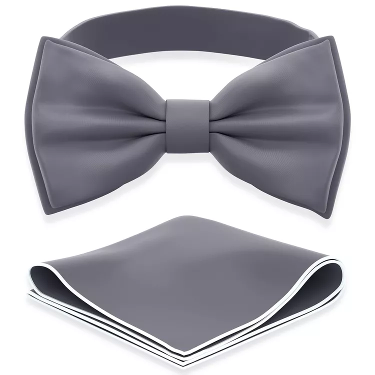 Adam Young Boy's Gray Bow Tie with Handkerchief Set Pre-Tied Style Formal Satin Classic Bowtie for Tuxedo Faux Silk (Medium, Slate Grey)