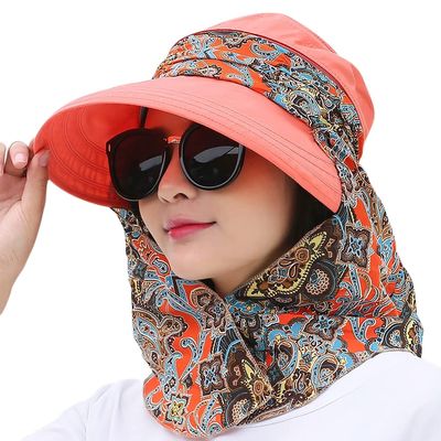 3in1 Sun Visor Hats for Women Wide Brim Sun Hats Rollable Ponytail Hat Beach Visors with Neck Flap Floppy Hat Hiking Hat Tangerine