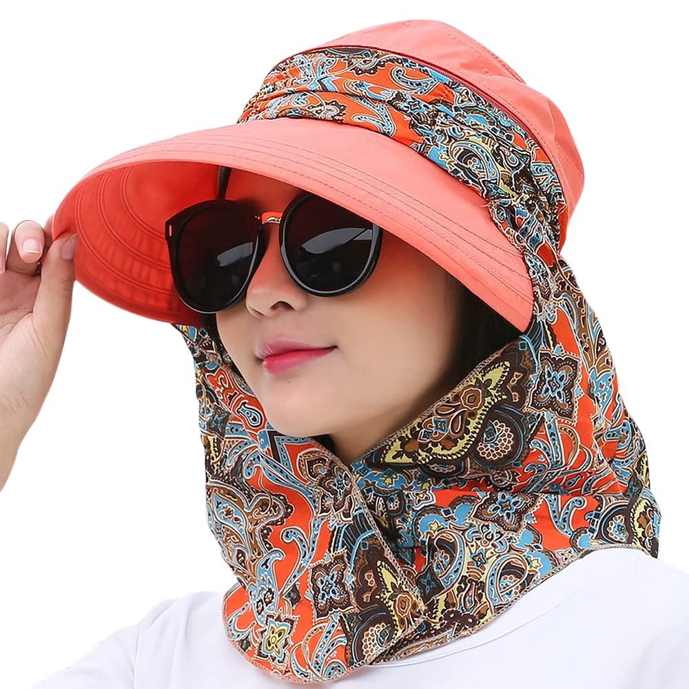 3in1 Sun Visor Hats for Women Wide Brim Sun Hats Rollable Ponytail Hat Beach Visors with Neck Flap Floppy Hat Hiking Hat Tangerine