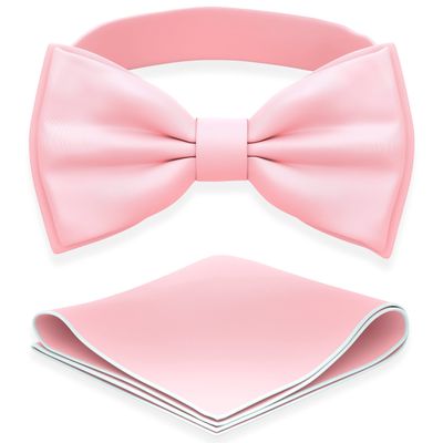 Adam Young Men's Blush Rose Pastel Bow Tie with Handkerchief Set Pre-Tied Style Formal Satin Classic Bowtie for Tuxedo Faux Silk (Large, Pink)