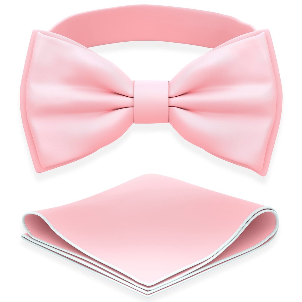Adam Young Men's Blush Rose Pastel Bow Tie with Handkerchief Set Pre-Tied Style Formal Satin Classic Bowtie for Tuxedo Faux Silk (Large, Pink)