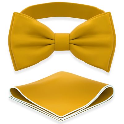 Adam Young Men's Goldish Bow Tie with Handkerchief Set Pre-Tied Style Formal Satin Classic Bowtie for Tuxedo Faux Silk (Large, Gold)