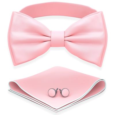 Adam Young Men's Blush Rose Pastel Bow Tie with Handkerchief & Cufflinks Pre-Tied Style Formal Satin Classic Bowtie for Tuxedo Faux Silk (Large, Pink)