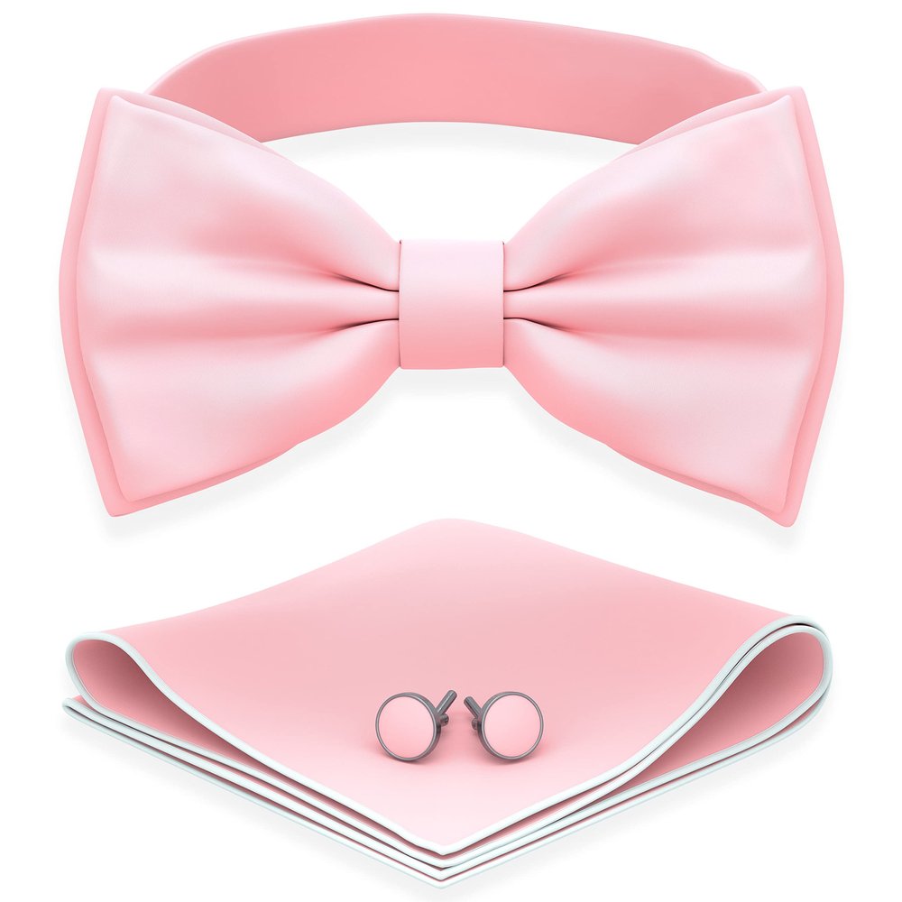 Adam Young Men's Blush Rose Pastel Bow Tie with Handkerchief & Cufflinks Pre-Tied Style Formal Satin Classic Bowtie for Tuxedo Faux Silk (Large, Pink)