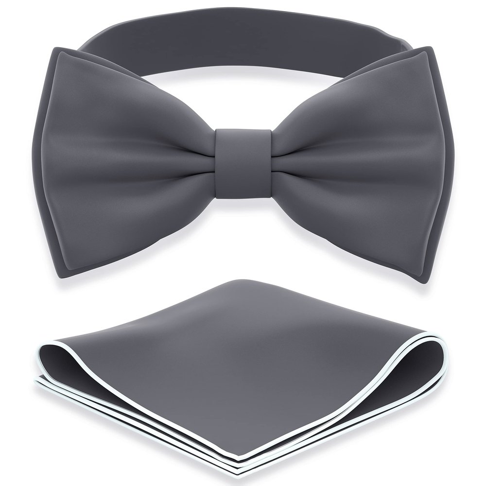 Adam Young Boy's Gray Bow Tie with Handkerchief Set Pre-Tied Style Formal Satin Classic Bowtie for Tuxedo Faux Silk (Medium, Grey Fog)