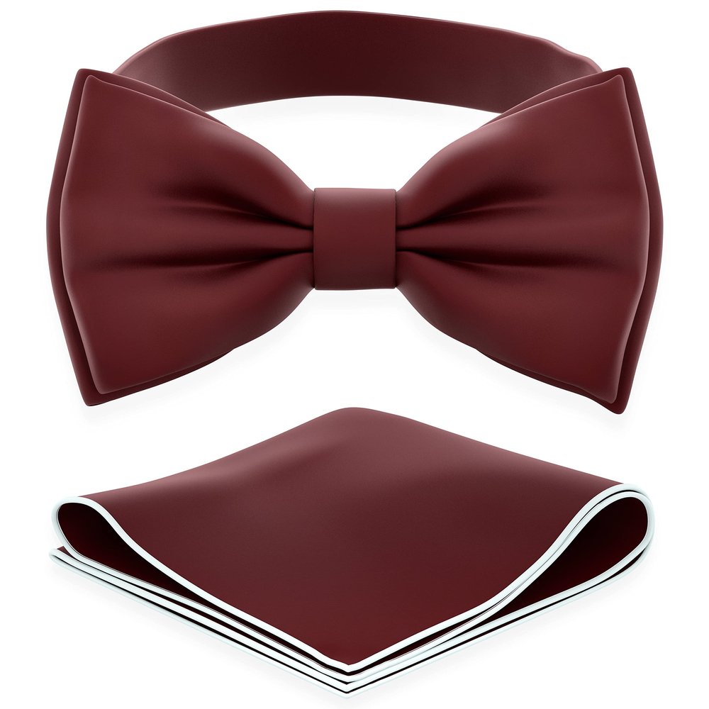 Adam Young Men's Wine Red Bow Tie with Handkerchief Set Pre-Tied Style Formal Satin Classic Bowtie for Tuxedo Faux Silk (Large, Maroon Red)