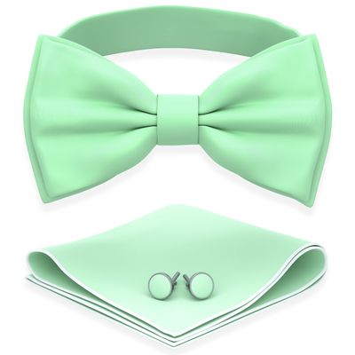 Adam Young Boy's Mint Bow Tie with Handkerchief & Cufflinks Pre-Tied Style Formal Satin Classic Bowtie for Tuxedo Faux Silk (Medium, Mint)