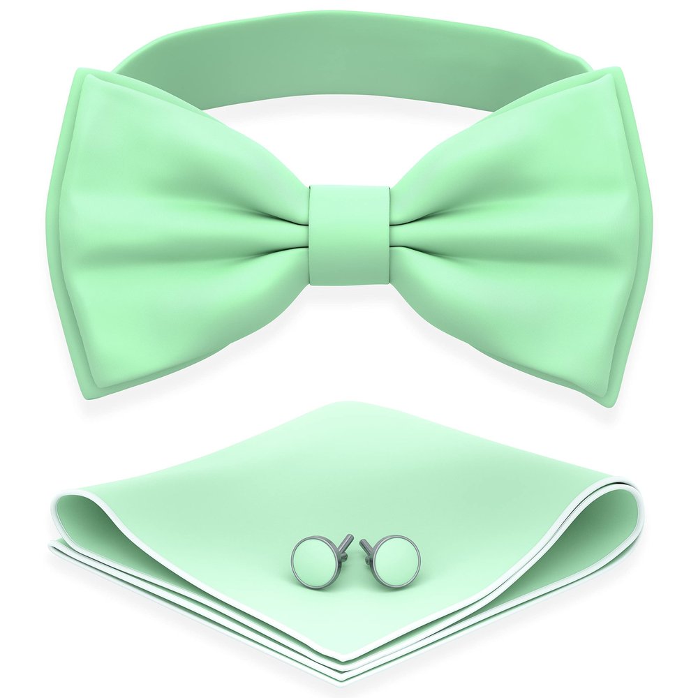 Adam Young Boy's Mint Bow Tie with Handkerchief & Cufflinks Pre-Tied Style Formal Satin Classic Bowtie for Tuxedo Faux Silk (Medium, Mint)