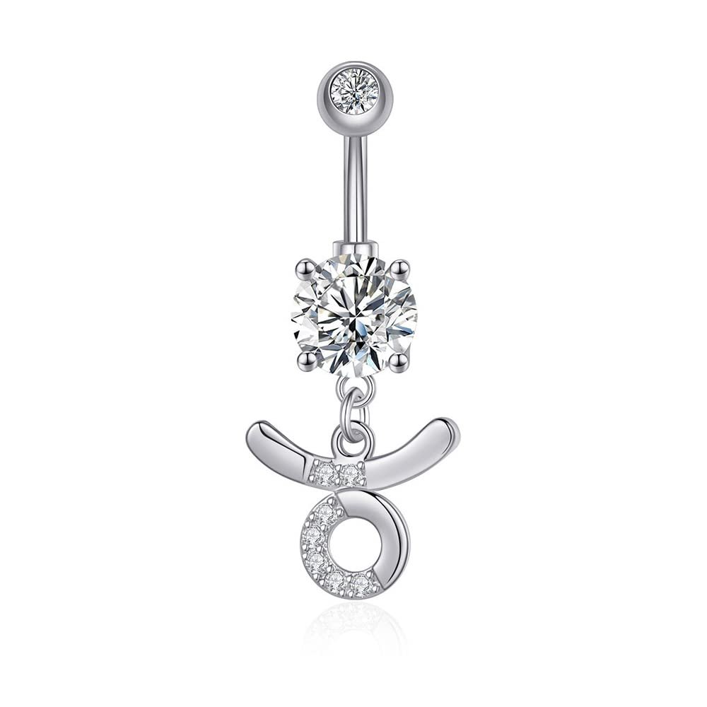 14G Dangle Belly Zodiac Signs Button Ring Silver Plated Clear CZ Zircon Stainless Steel Cute Belly Piercing Jewelry Taurus