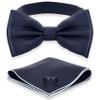 Adam Young Men's Navy Blue Bow Tie with Handkerchief & Cufflinks Pre-Tied Style Formal Satin Classic Bowtie for Tuxedo Faux Silk (Large, Navy Blue) view 1