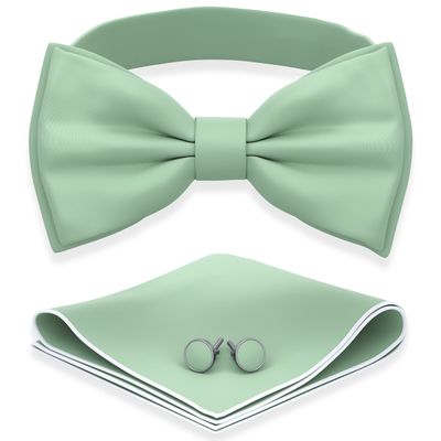 Adam Young Boy's Green Fern Bow Tie with Handkerchief & Cufflinks Pre-Tied Style Formal Satin Classic Bowtie for Tuxedo Faux Silk (Medium, Deep Sage)