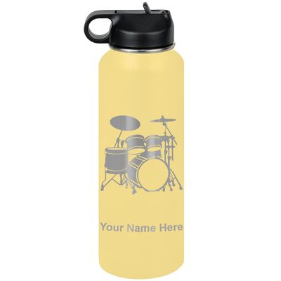 LaserGram Personalized Water Bottle, Drum Set, Stainless Steel Double Wall Vacuum Insulated with Flip Top Straw, Custom Engraved Gift (40oz / 1180ml Yellow)