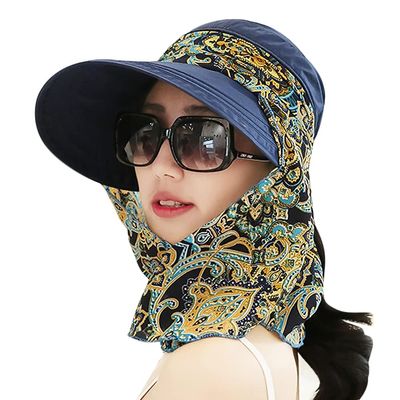 3in1 Sun Visor Hats for Women Wide Brim Sun Hats Rollable Ponytail Hat Beach Visors with Neck Flap Floppy Hat Hiking Hat Navy