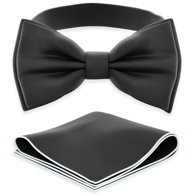 Adam Young Men's Black Bow Tie with Handkerchief Set Pre-Tied Style Formal Satin Classic Bowtie for Tuxedo Faux Silk (Large, Black)