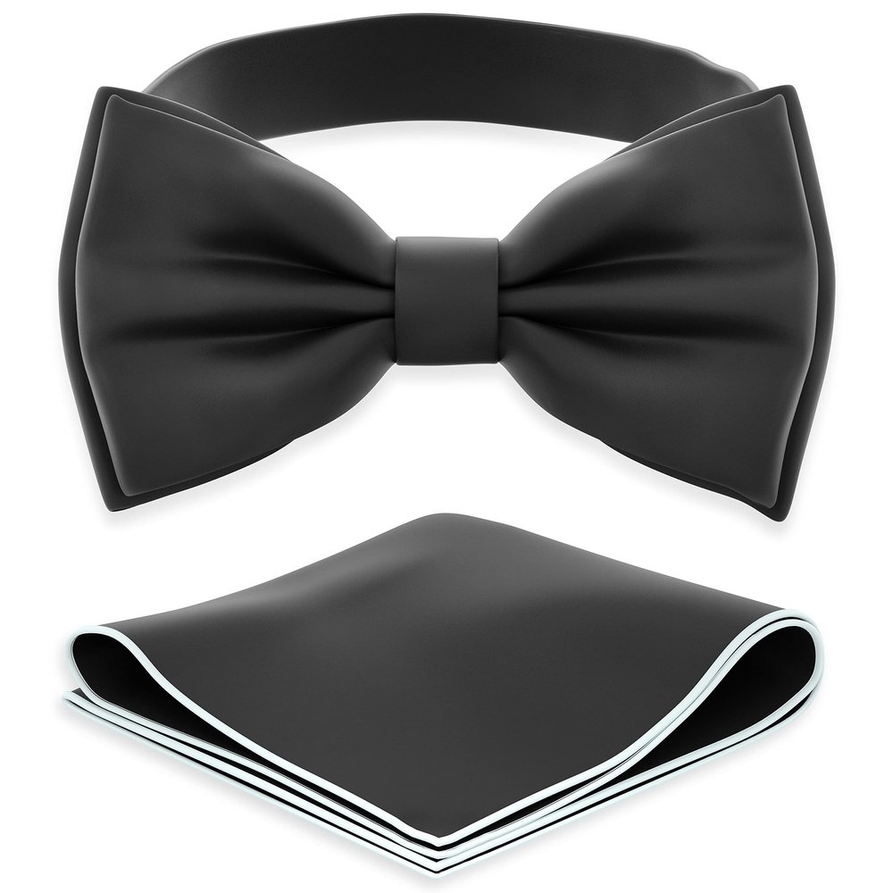 Adam Young Men's Black Bow Tie with Handkerchief Set Pre-Tied Style Formal Satin Classic Bowtie for Tuxedo Faux Silk (Large, Black)