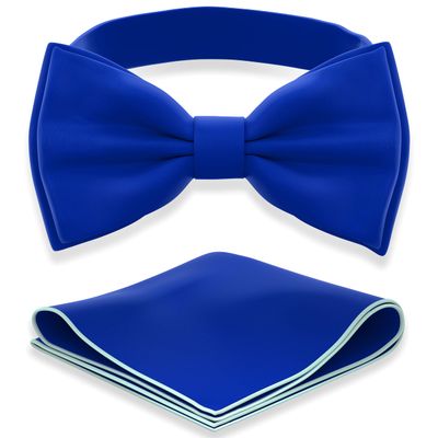 Adam Young Boy's Electric Blue Bow Tie with Handkerchief Set Pre-Tied Style Formal Satin Classic Bowtie for Tuxedo Faux Silk (Medium, Royal Blue)