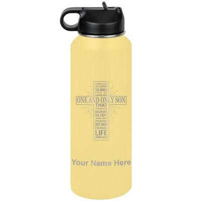 LaserGram Personalized Water Bottle, Bible Verse John 3-16, Stainless Steel Double Wall Vacuum Insulated with Flip Top Straw, Custom Engraved Gift (40oz / 1180ml Yellow)