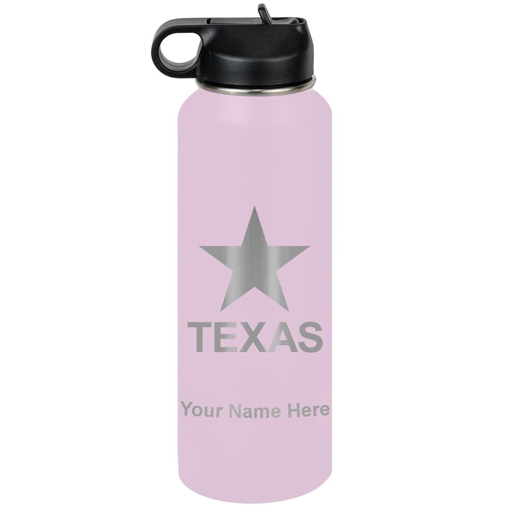 LaserGram Personalized Water Bottle, Flag of Texas, Stainless Steel Double Wall Vacuum Insulated with Flip Top Straw, Custom Engraved Gift (40oz / 1180ml Lavender)