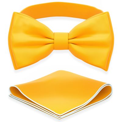 Adam Young Men's Bright Yellow Bow Tie with Handkerchief Set Pre-Tied Style Formal Satin Classic Bowtie for Tuxedo Faux Silk (Large, Merigold Yellow)
