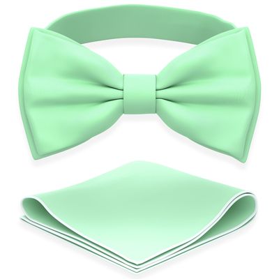 Adam Young Men's Mint Bow Tie with Handkerchief Set Pre-Tied Style Formal Satin Classic Bowtie for Tuxedo Faux Silk (Large, Mint)