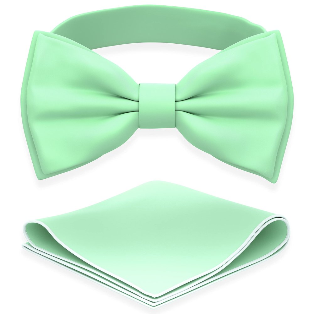 Adam Young Men's Mint Bow Tie with Handkerchief Set Pre-Tied Style Formal Satin Classic Bowtie for Tuxedo Faux Silk (Large, Mint)
