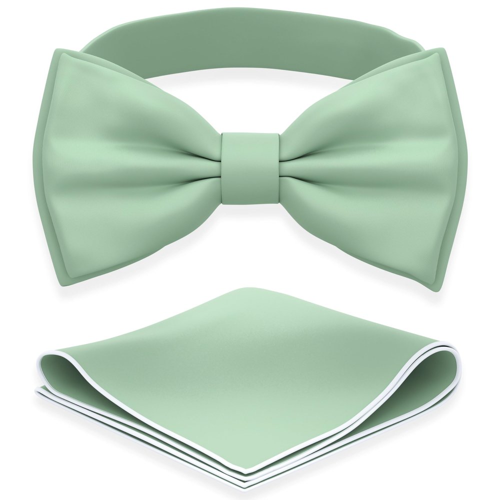 Adam Young Boy's Green Fern Bow Tie with Handkerchief Set Pre-Tied Style Formal Satin Classic Bowtie for Tuxedo Faux Silk (Medium, Deep Sage)