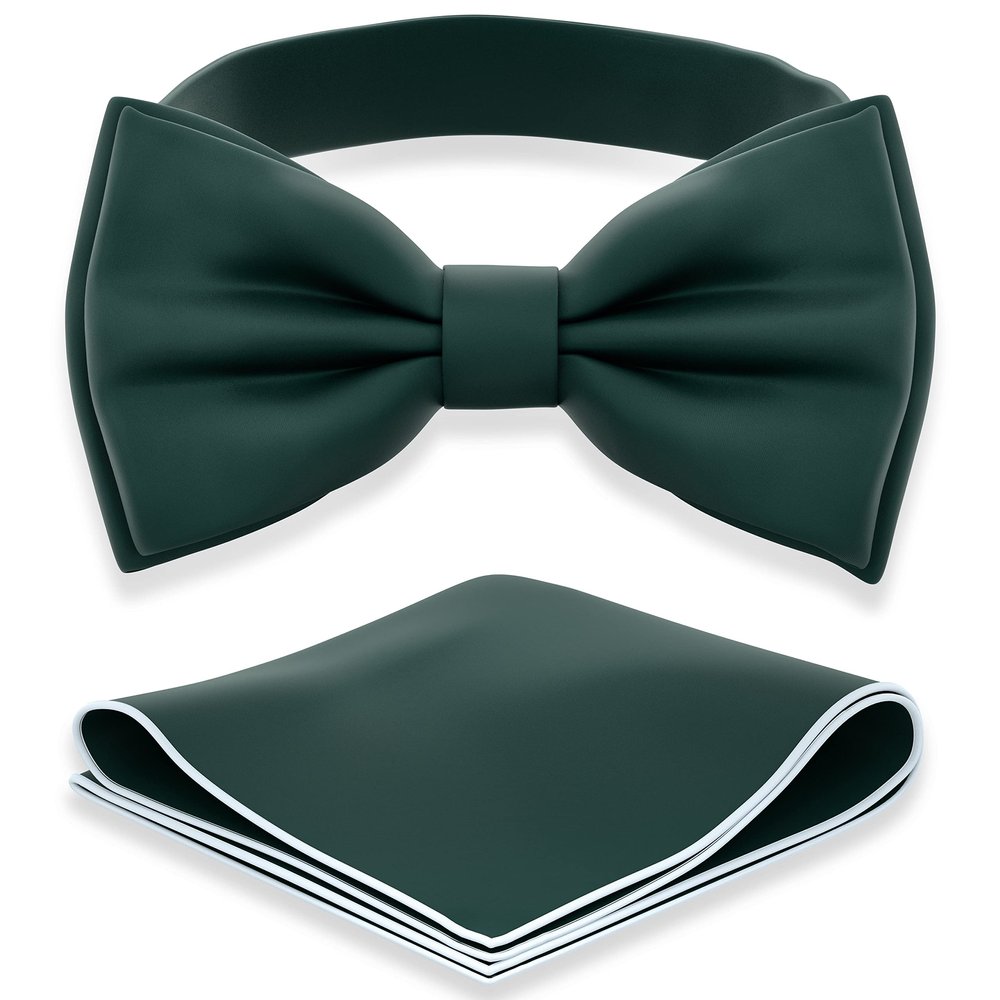 Adam Young Men's Hunter Green Bow Tie with Handkerchief Set Pre-Tied Style Formal Satin Classic Bowtie for Tuxedo Faux Silk (Large, Dark Green)