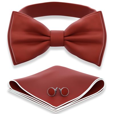 Adam Young Boy's Terracotta Blue Bow Tie with Handkerchief & Cufflinks Pre-Tied Style Formal Satin Classic Bowtie for Tuxedo Faux Silk (Medium, Rust)