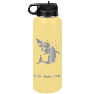 LaserGram Personalized Water Bottle, Great White Shark, Stainless Steel Double Wall Vacuum Insulated with Flip Top Straw, Custom Engraved Gift (40oz / 1180ml Yellow)