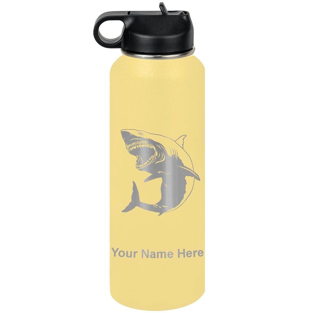LaserGram Personalized Water Bottle, Great White Shark, Stainless Steel Double Wall Vacuum Insulated with Flip Top Straw, Custom Engraved Gift (40oz / 1180ml Yellow)
