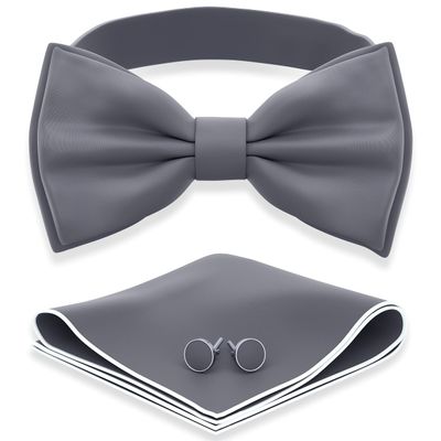 Adam Young Boy's Gray Bow Tie with Handkerchief & Cufflinks Pre-Tied Style Formal Satin Classic Bowtie for Tuxedo Faux Silk (Medium, Slate Grey)
