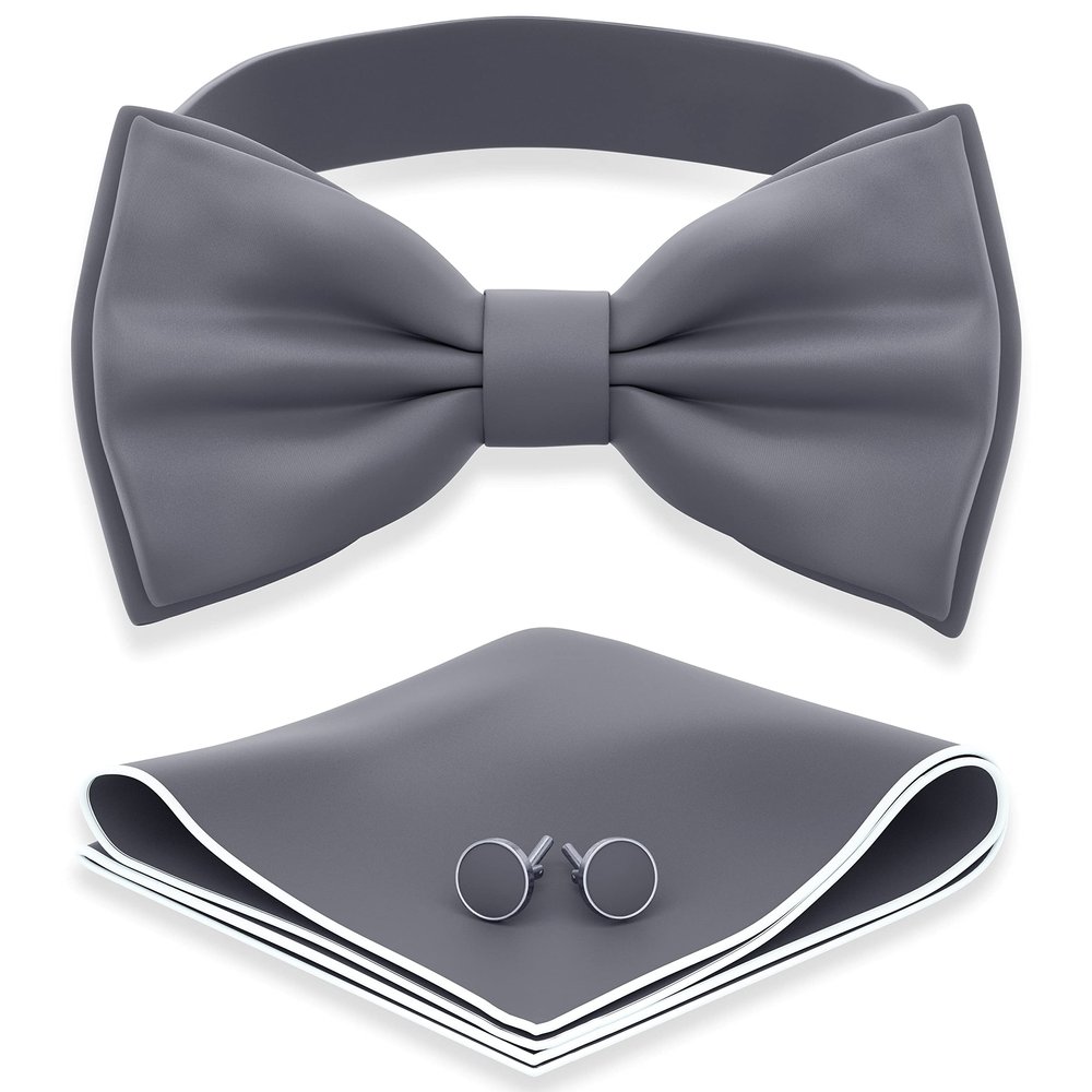 Adam Young Boy's Gray Bow Tie with Handkerchief & Cufflinks Pre-Tied Style Formal Satin Classic Bowtie for Tuxedo Faux Silk (Medium, Slate Grey)