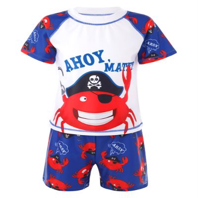 Hedmy Kids Boys Two Pieces Swimwear Short Sleeve Top and Shorts Outfit Beach Swimsuit Rashguard Set Dark Blue 10 Years