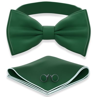 Adam Young Boy's Green Bow Tie with Handkerchief & Cufflinks Pre-Tied Style Formal Satin Classic Bowtie for Tuxedo Faux Silk (Medium, Juniper)