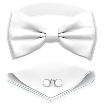 Adam Young Boy's White Bow Tie with Handkerchief & Cufflinks Pre-Tied Style Formal Satin Classic Bowtie for Tuxedo Faux Silk (Medium, White)